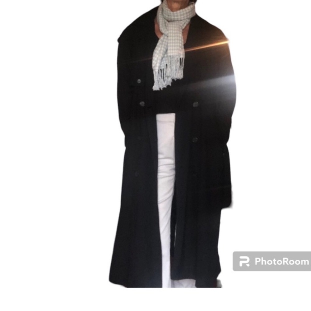 Black Trench Coat Size 10 Petite Padded Shoulders with Belt